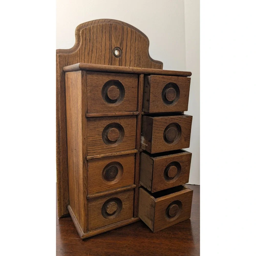Antique Primitive Oak Wood Wall Spice Cabinet 8 Drawer Hanging Rack 16x11